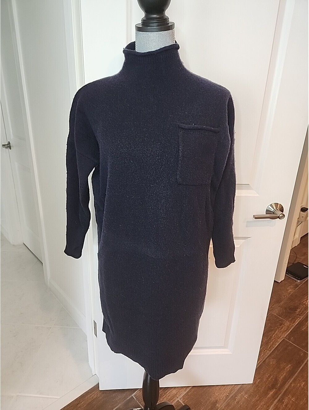 Madewell Cashmere Dress Women's Sz S Mockneck Midi Sweater Dress Wool Knit Navy
